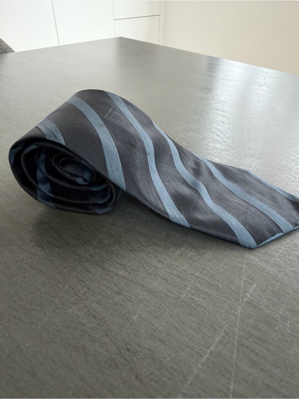 Lanvin Black Silk Tie with Blue Diagonal Stripes